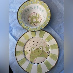 Mackenzie Childs enameled plate and bowl. Frog design